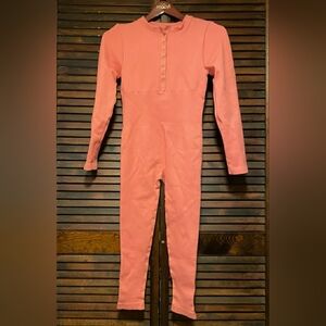 Pink Long Sleeve Ribbed Snap Front Jumpsuit
